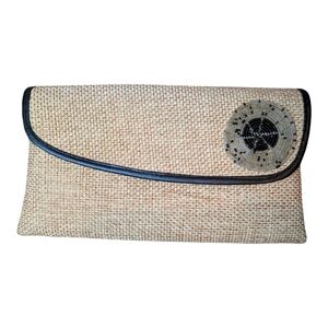 Woven Fold Over Snap & Zip Clutch Beaded Spiral Detail Black Vegan Leather Trim